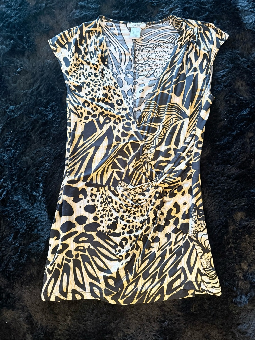 Cache Animal Print Wrap-Style Top in Black and Cream